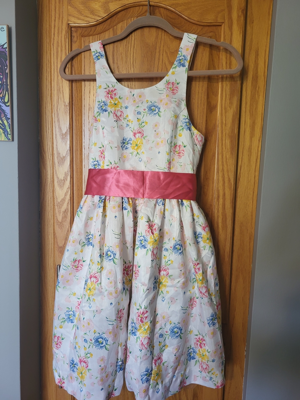 Chaps White Floral Party Dress with Pink Sash